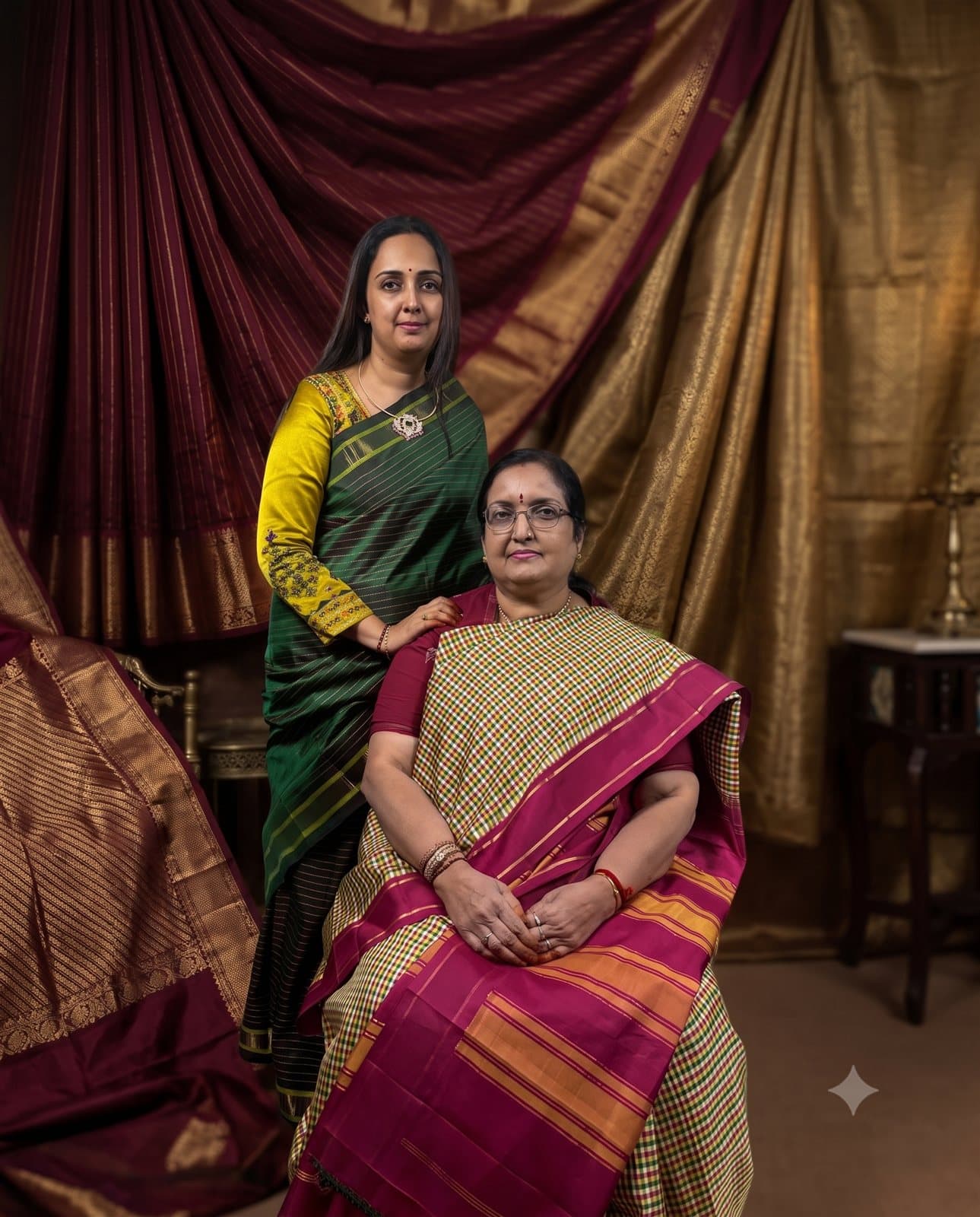 Dr. Barghavi R and Mrs. Meena R with their handloom sarees